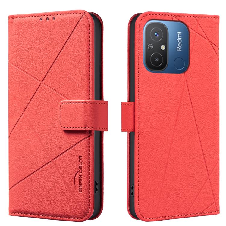 For Redmi 12C Geometric Pattern RFID Leather Phone Case(Red)