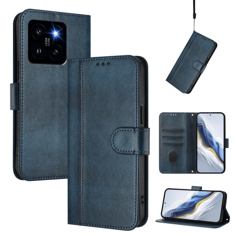 For Xiaomi 14 Pro 5G Line Splicing Buckle Retro Leather Phone Case(Dark Blue)