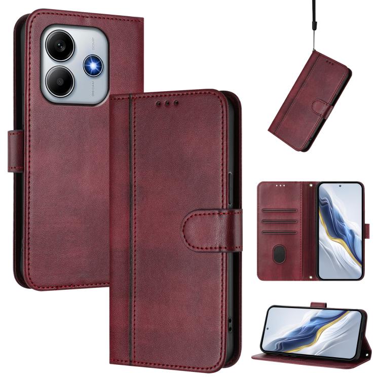 For Xiaomi Poco M7 Pro 5G / Redmi Note 14 5G Line Splicing Buckle Retro Leather Phone Case(Wine Red)