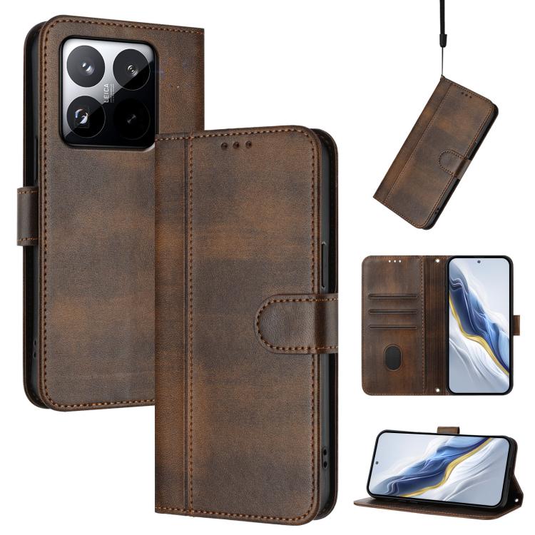 For Xiaomi 15T 5G Line Splicing Buckle Retro Leather Phone Case(Brown)