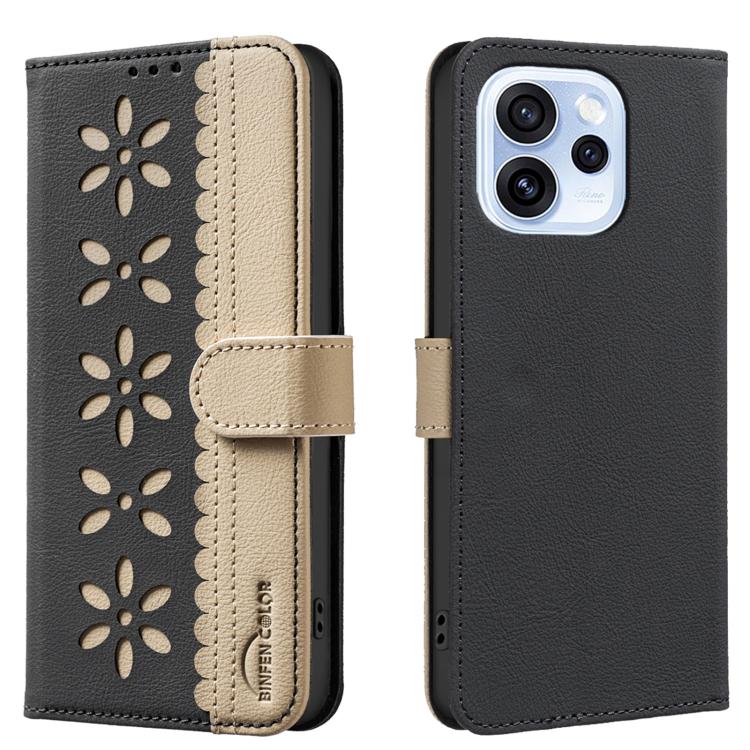 For OPPO Reno15 F 5G Global Splicing Color Hollow Flower Pattern RFID Leather Phone Case(Black)