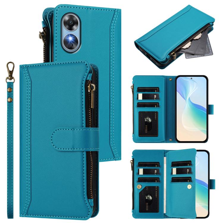 For OPPO A17 4G Global / A17K Magnetic Closure 9 Card Slots Zipper Leather Case with Hand Strap(Turquoise)