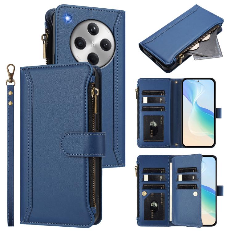 For OPPO Find X8 5G Global Magnetic Closure 9 Card Slots Zipper Leather Case with Hand Strap(Dark Blue)