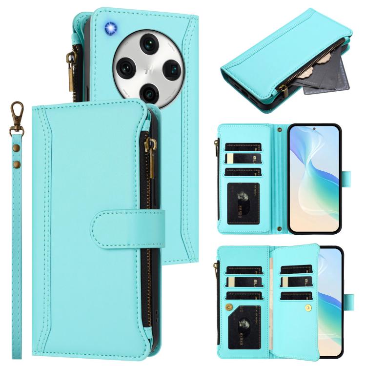For OPPO Find X8 Pro 5G Global Magnetic Closure 9 Card Slots Zipper Leather Case with Hand Strap(Mint Green)