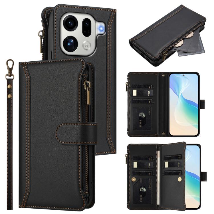 For OPPO Find X9 Pro Magnetic Closure 9 Card Slots Zipper Leather Case with Hand Strap(Black)