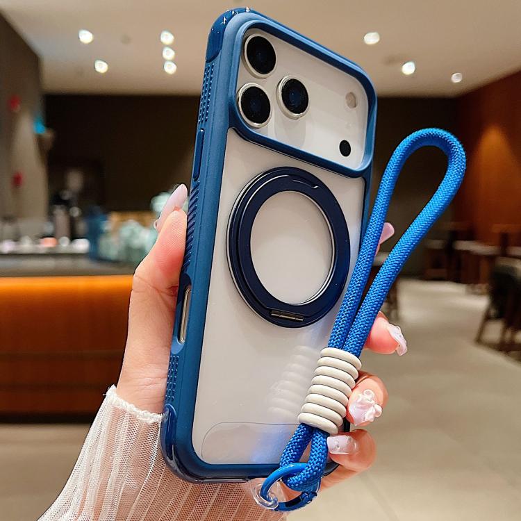 For iPhone 17 Pro Solid Color Edge Transparency Rotation Holder MagSafe Phone Case with Wrist Strap(Royal Blue)