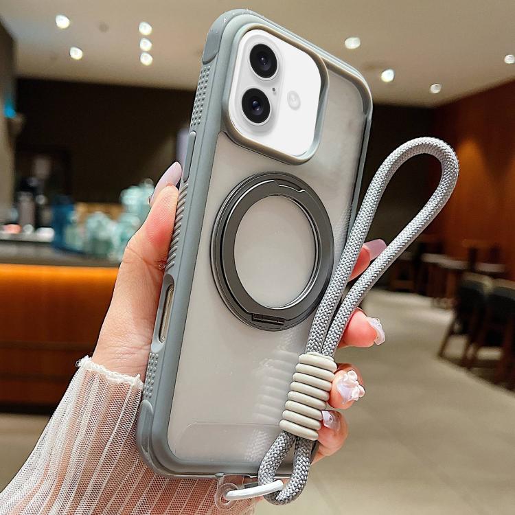 For iPhone 17 Solid Color Edge Transparency Rotation Holder MagSafe Phone Case with Wrist Strap(Grey)
