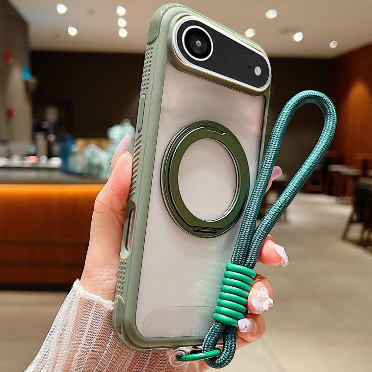 For iPhone Air Solid Color Edge Transparency Rotation Holder MagSafe Phone Case with Wrist Strap(Army Green)