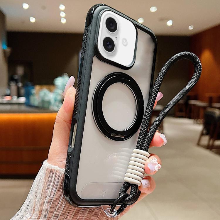 For iPhone 16 Solid Color Edge Transparency Rotation Holder MagSafe Phone Case with Wrist Strap(Black)
