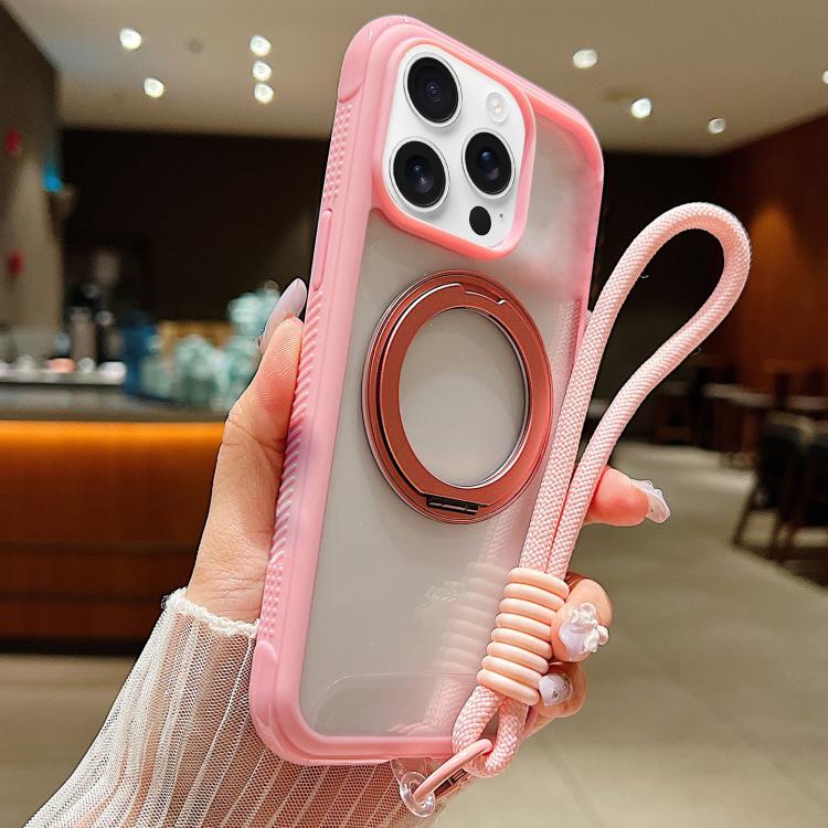 For iPhone 14 Pro Max Solid Color Edge Transparency Rotation Holder MagSafe Phone Case with Wrist Strap(Pink)