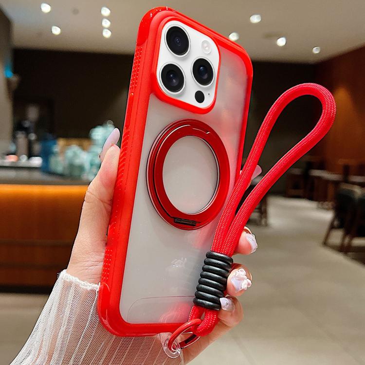 For iPhone 13 Pro Max / 12 Pro Max Solid Color Edge Transparency Rotation Holder MagSafe Phone Case with Wrist Strap(Red)