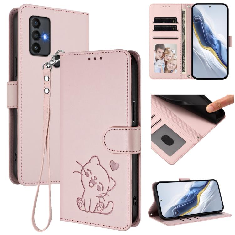 For TCL 30 SE Embossed Heart Cat Leather Phone Case with Hand Strap(Pink)