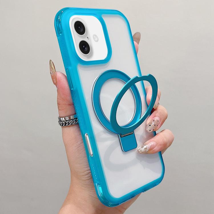For iPhone 16 Plus Translucent Edge Transparency Metal Holder MagSafe Phone Case(Sky Blue)
