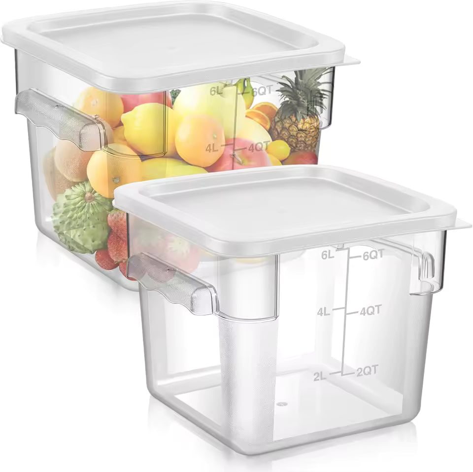 Two clear square 6-quart polycarbonate food storage containers with white airtight lids and measurement markings.
