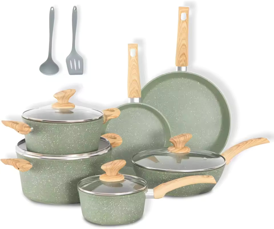 12-piece green granite nonstick cookware set including fry pans, saucepans, and casseroles with wood-look handles and glass lids.