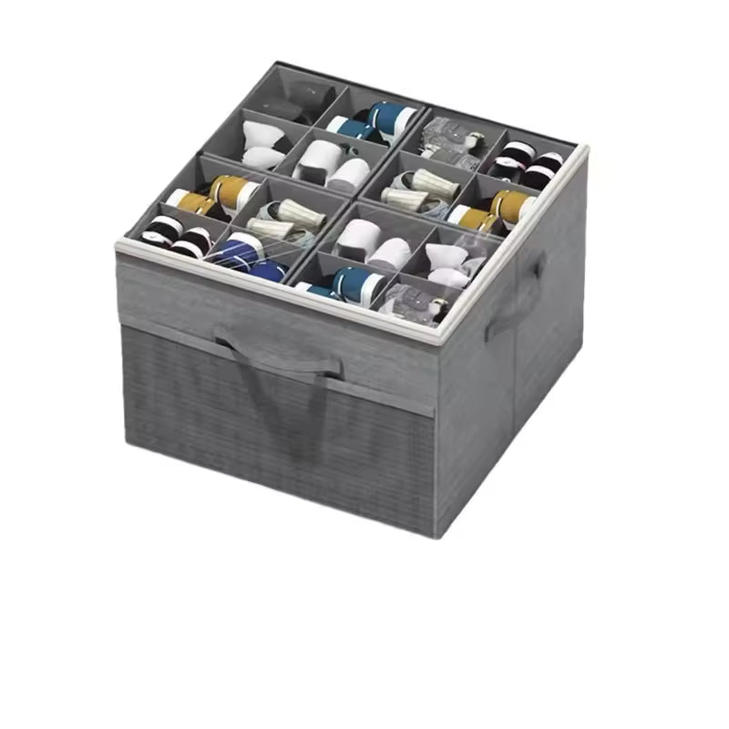Two square fabric shoe storage boxes in grey and beige with 16 internal compartments and a clear zippered top window showing various shoes inside.