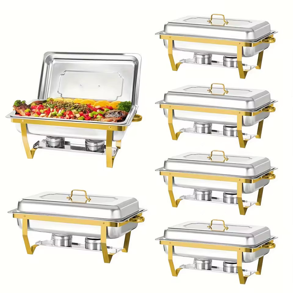 Set of six professional 9QT stainless steel chafing dishes with elegant golden frames and dual fuel holders for buffet catering.