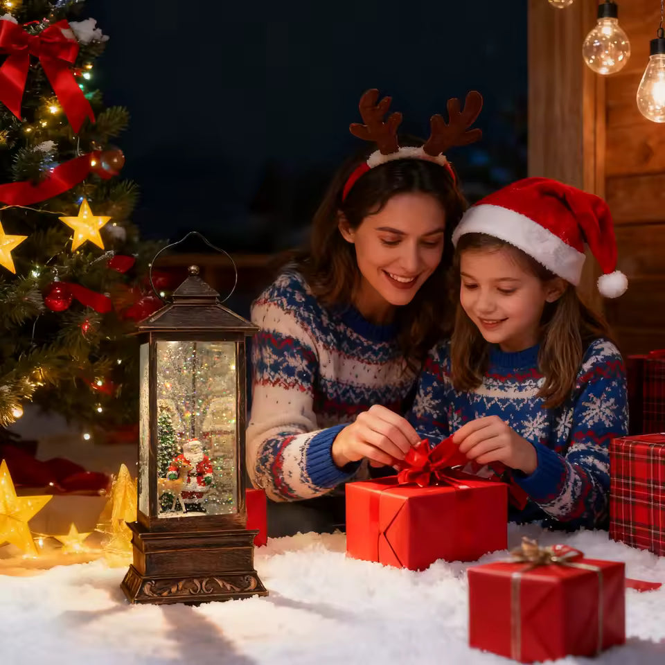 Musical Christmas Snow Globe Lantern | Vintage Lighted Santa Water Globe