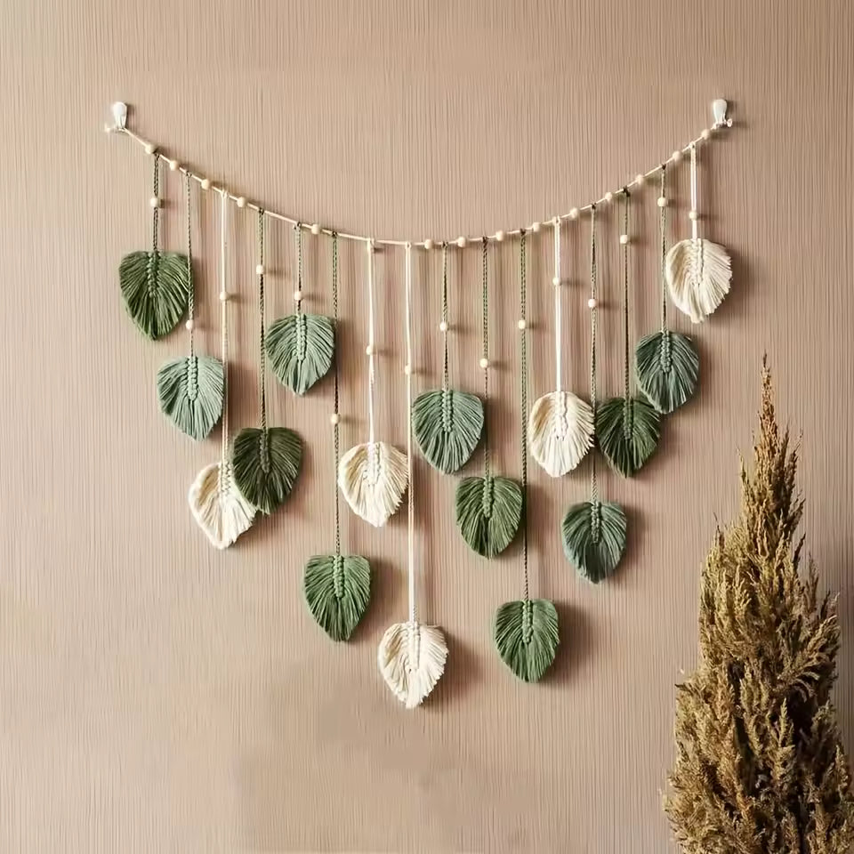 Bohemian Greenery Wall Decor | Woven Macrame-Style Leaves (120cm)