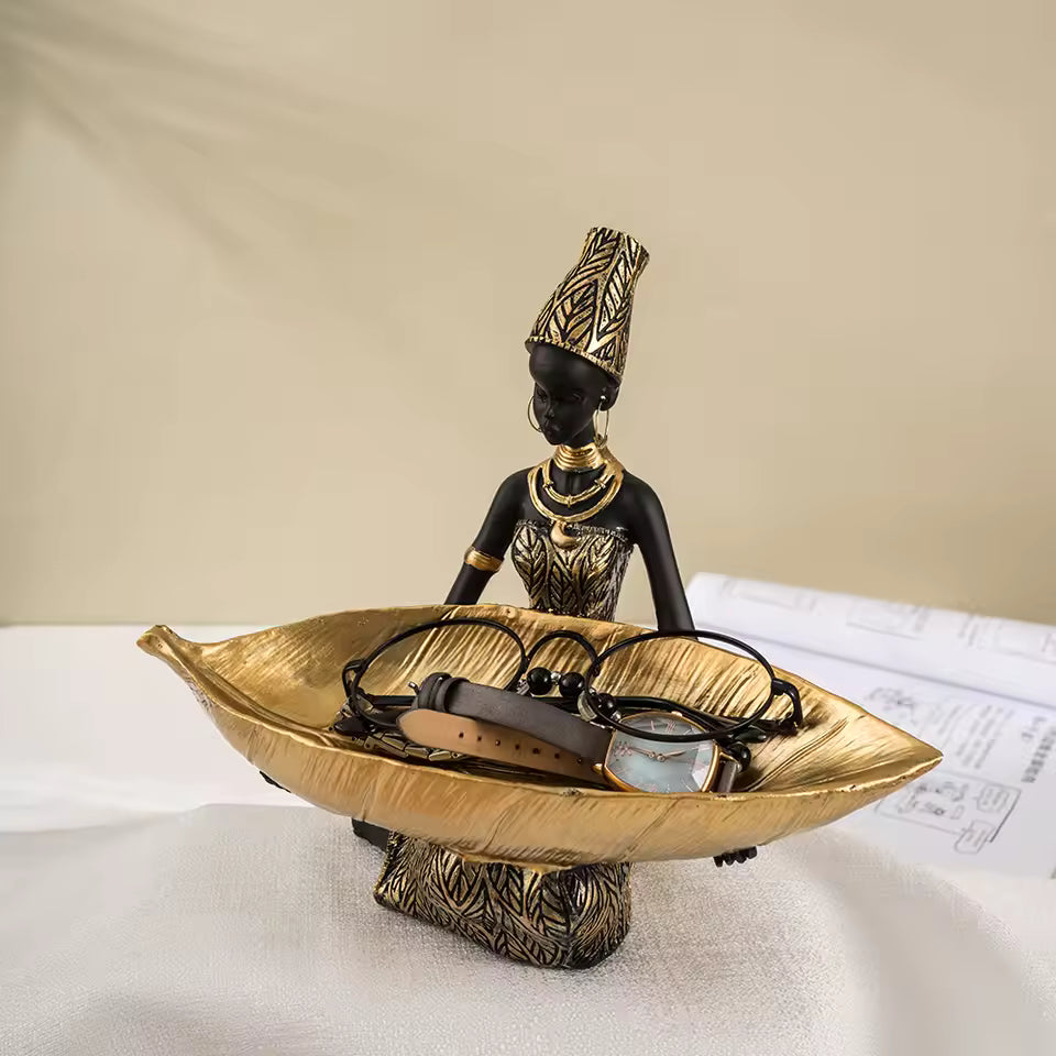 African-Inspired Sculptural Catchall Tray | Gold Leaf Entryway Organizer