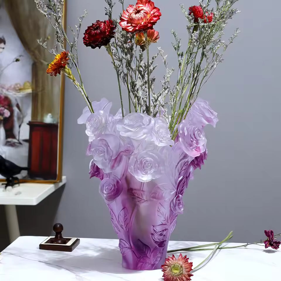 Sculpted 3D Rose Frosted Vase | Luxury Floral Centerpiece