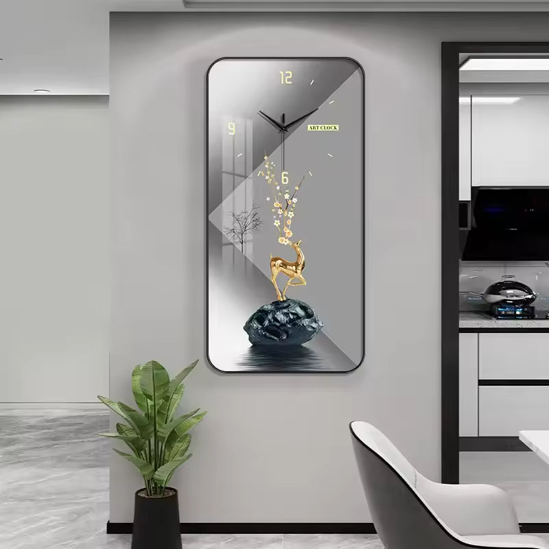 Vertical Glass Art Wall Clock | Golden Deer Minimalist Timepiece (60x30cm)