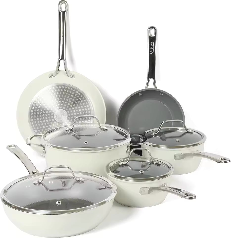 10-piece white ceramic nonstick cookware set featuring forged aluminum frying pans, saucepans, and dutch oven with glass lids and stainless steel handles.