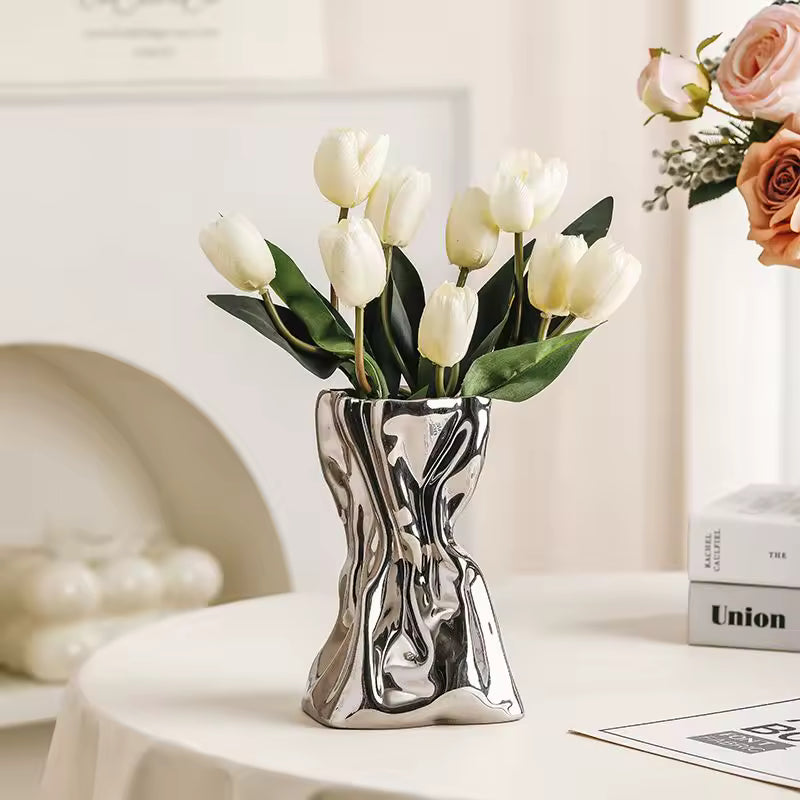 Abstract Liquid Silver Ceramic Vase | Modern Crumpled Metal Design