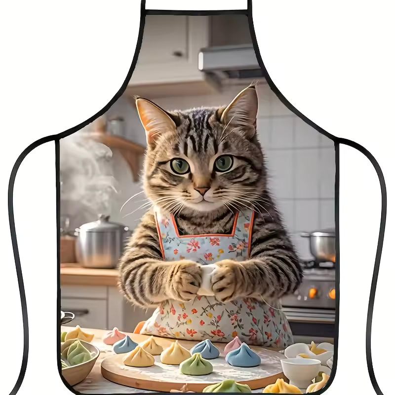 Fantasy cat chef apron featuring a high-definition 3D-style print of a tabby cat making colorful dumplings in a rustic kitchen.