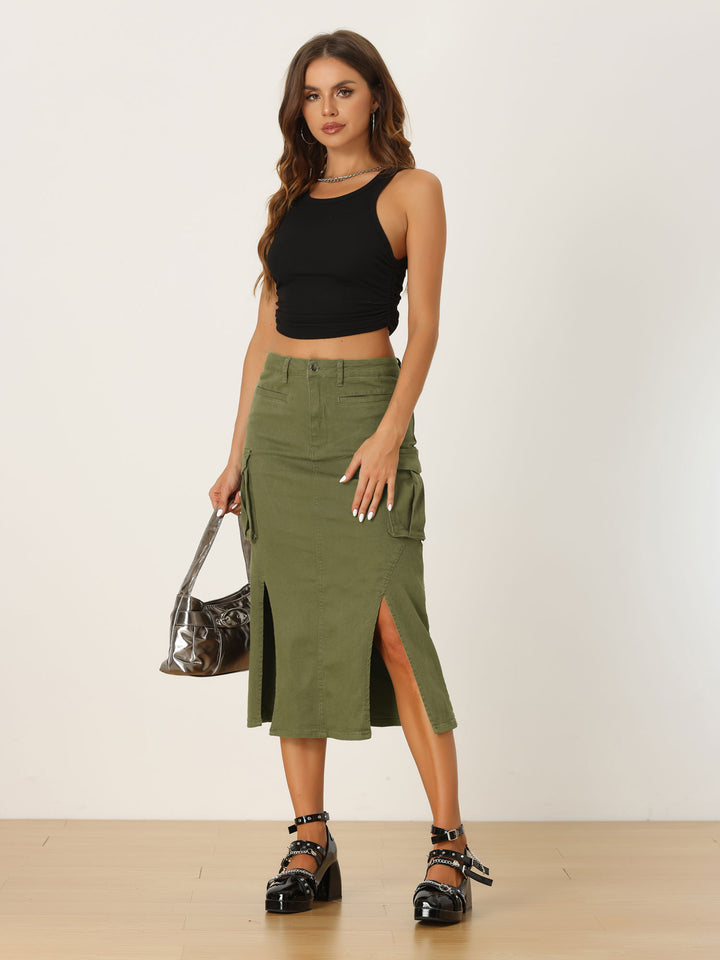 Denim Cargo Y2K Split Hem Midi Pocketed Jean Skirt