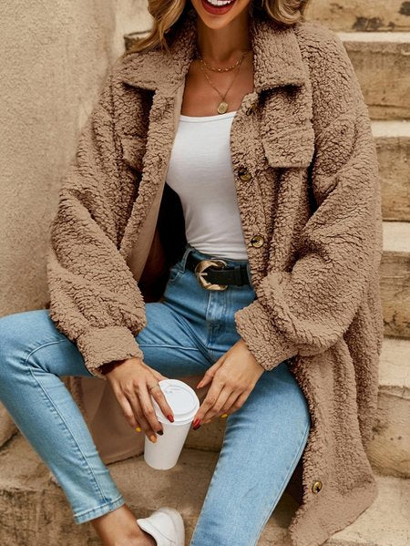 Women Winter Outerwear Casual Split Joint Plain Long Sleeve Shawl Collar Jacket