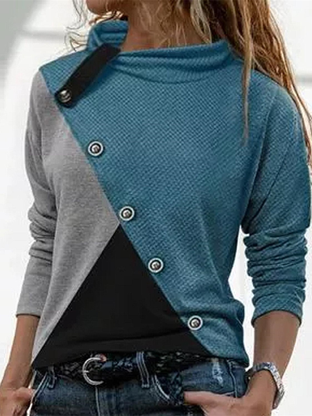 Long Sleeve Color Block Buttoned Regular Micro-Elasticity Loose Blouse For Women