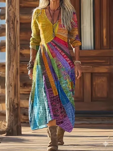 Women Geometric Spring/Fall Dress V Neck Long Sleeve Fit & Flare Dress A-Line Dress