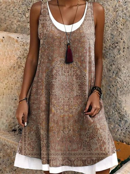 Women Vacation Ethnic Crew Neck Sleeveless Comfy Casual Midi Dress