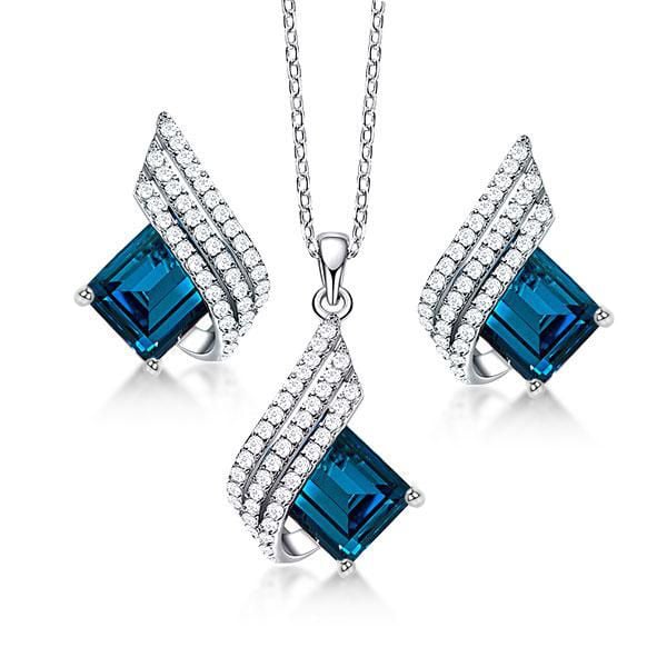 Italo Emerald Cut Blue Topaz Necklace & Earrings Jewelry Set