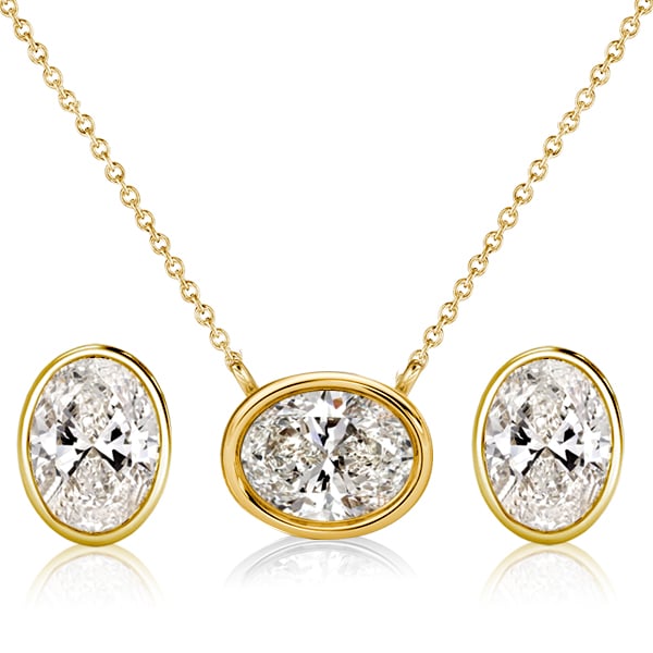 Italo Bezel Setting Oval Cut Solitaire Necklace & Earrings Jewelry Set