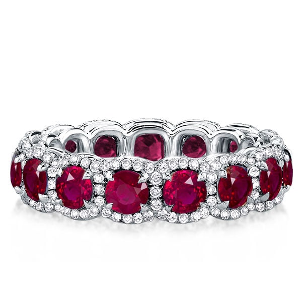 Halo Round Cut Ruby Sapphire Eternity Wedding Band