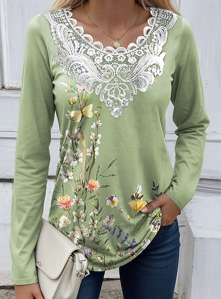 Casual Floral Crew Neck Long Sleeve T-shirt
