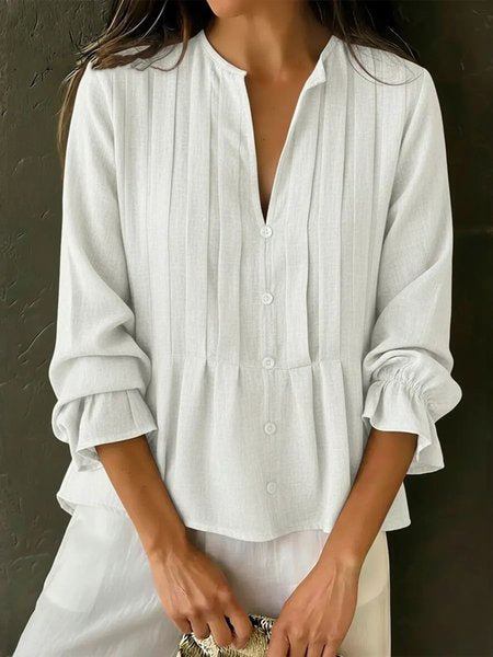 V Neck Long Sleeve Plain Regular Loose Blouse For Women