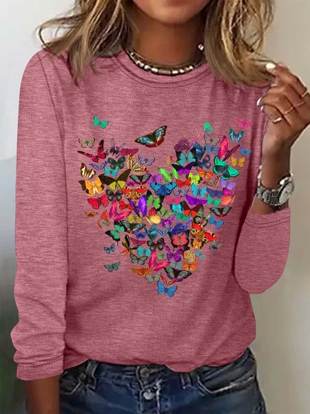 Crew Neck Long Sleeve Text Letters Regular Micro-Elasticity Regular Fit Blouse For Women