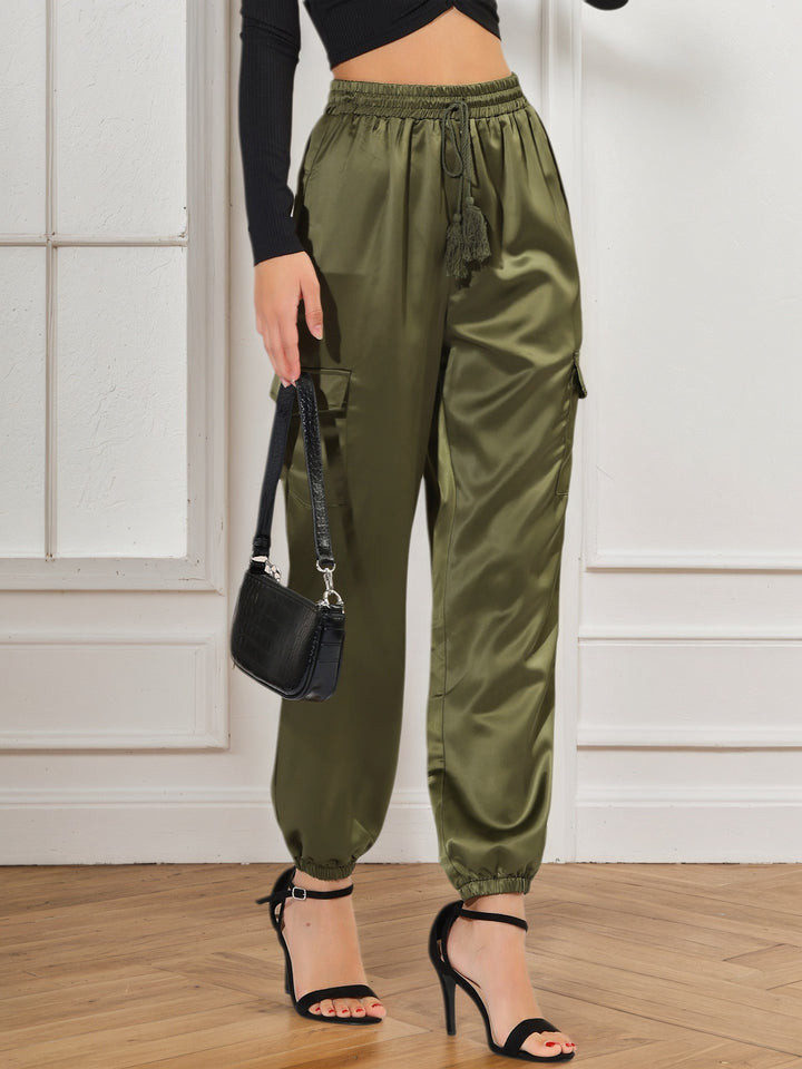 Women's Satin Joggers Drawstring Elastic High Waist Silky Satin Cargo Pants