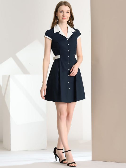 Woman wearing a navy dress with white collar and buttons in a minimalistic setting