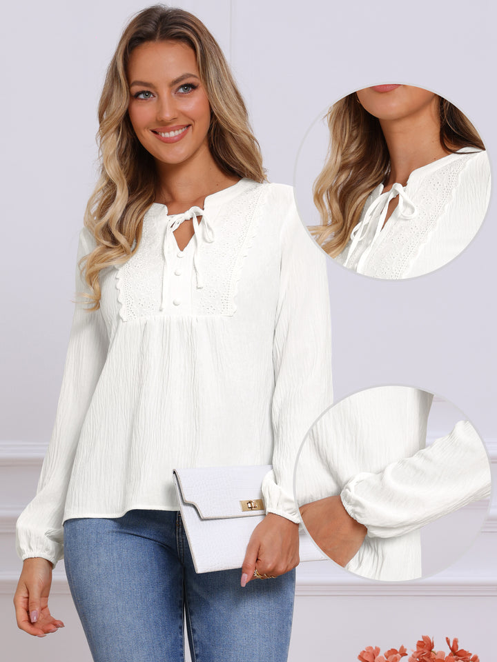 Tie Front Casual V Neck Long Sleeve Blouses