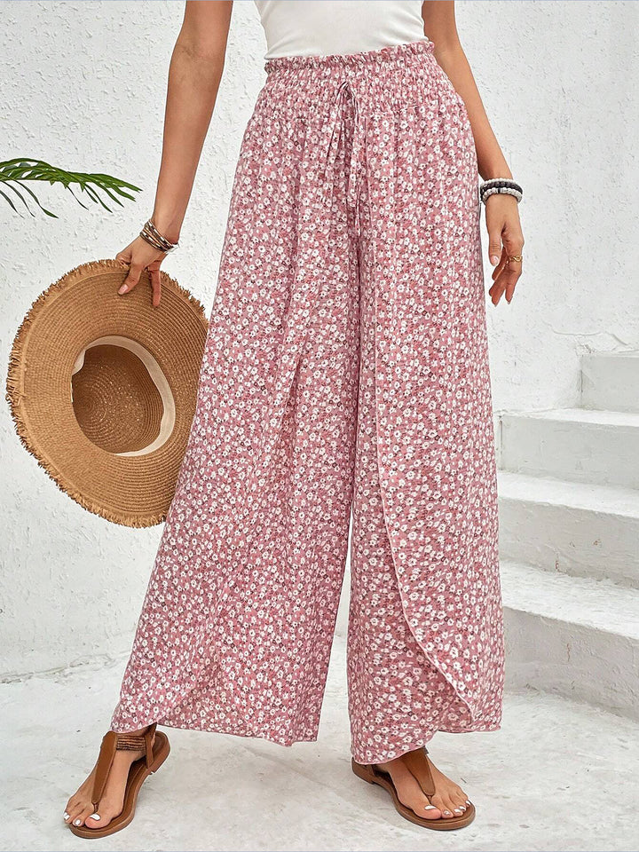 Versatile Ankle-Length Graphic Smocked Elastic Waist Wide Legs Pants