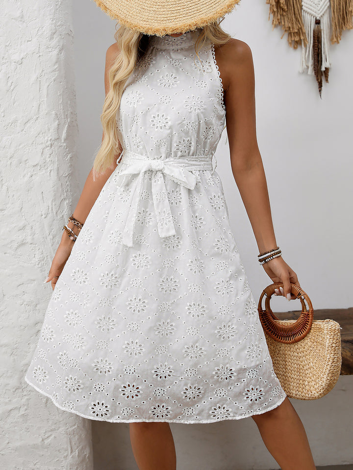 Halter Neck Sleeveless Eyelet Lace-Up Midi Dress