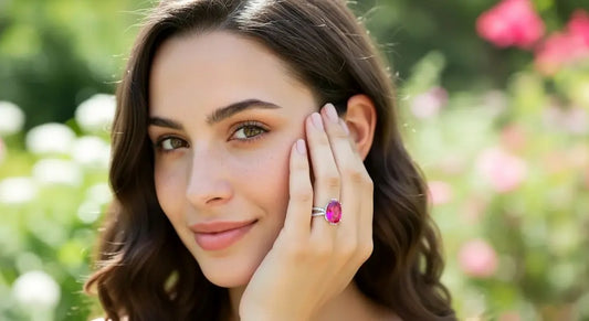 Elegant portrait of a woman showcasing a large oval pink gemstone statement ring on her hand near her face