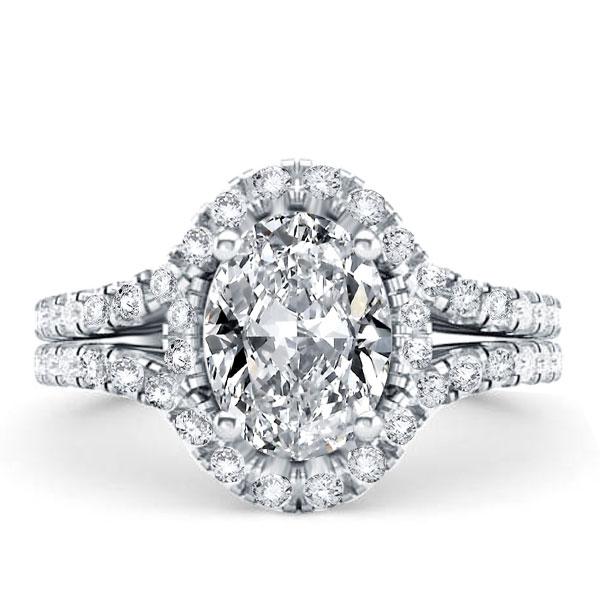 Halo oval Split Shank Engagement Ring