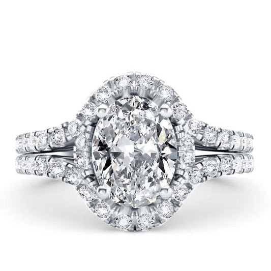 Halo oval Split Shank Engagement Ring