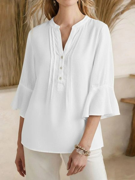 V Neck Three Quarter Sleeve Plain Regular Loose Blouse For Women