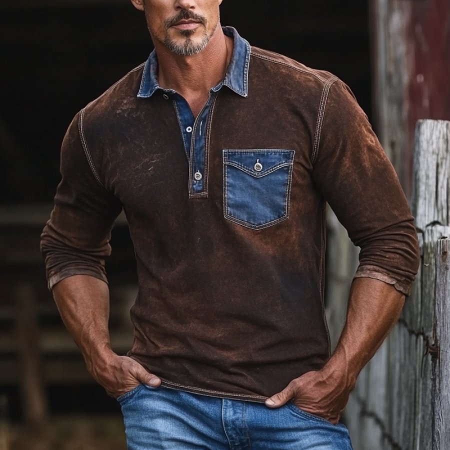 Men's Vintage Western Denim Patchwork Pocket Polo Shirt Brown
